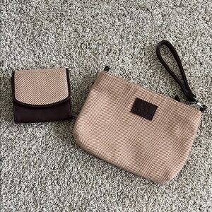 British Bag Company Herringbone Wristlet & Card Wallet Set - Beige & Brown